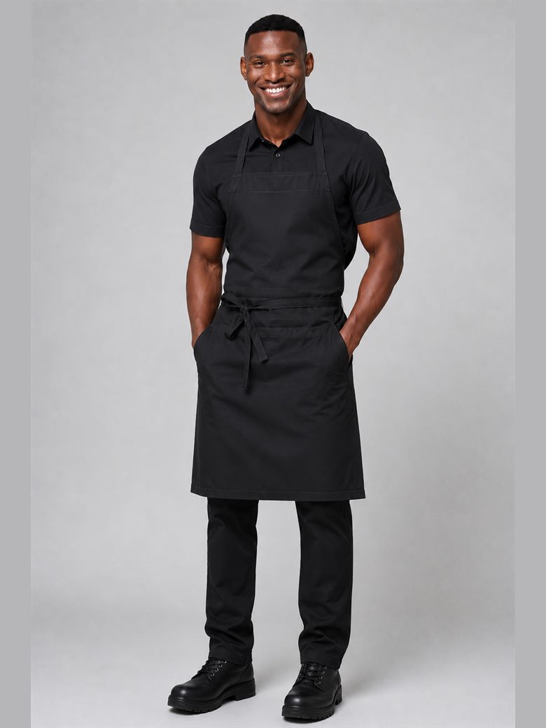 Avental chef preto com peitoral e bolsos