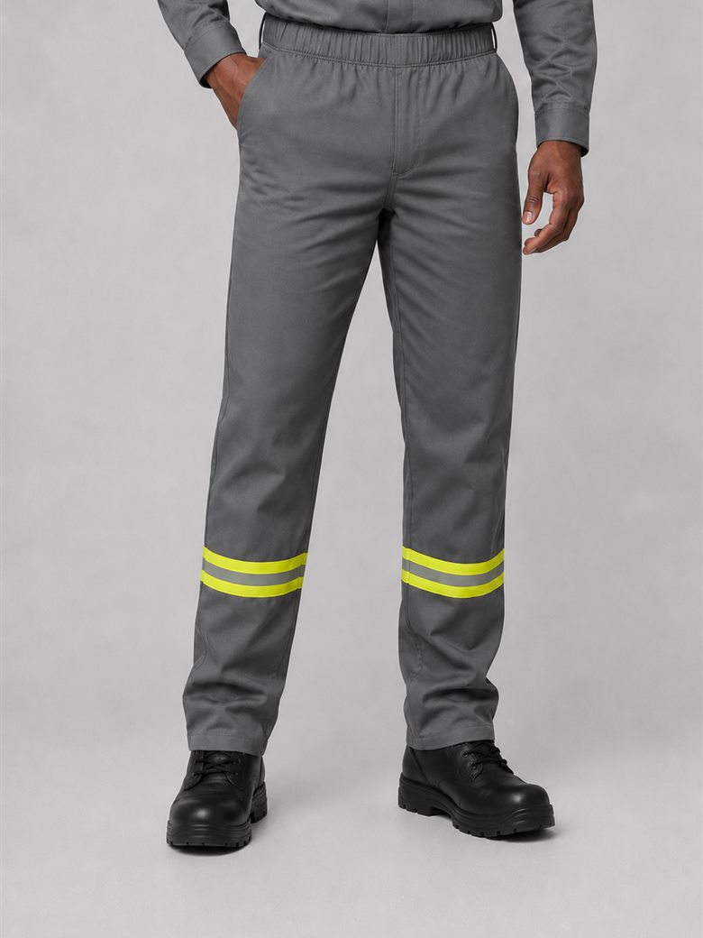 Calça de brim cinza com faixas refletivas