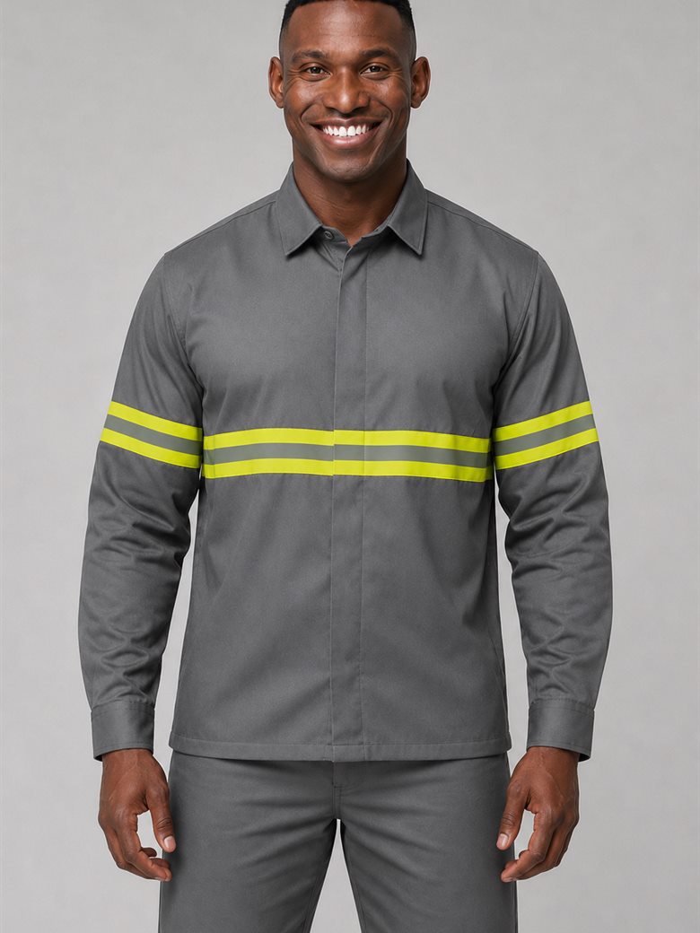 Camisa de brim cinza com faixas refletivas